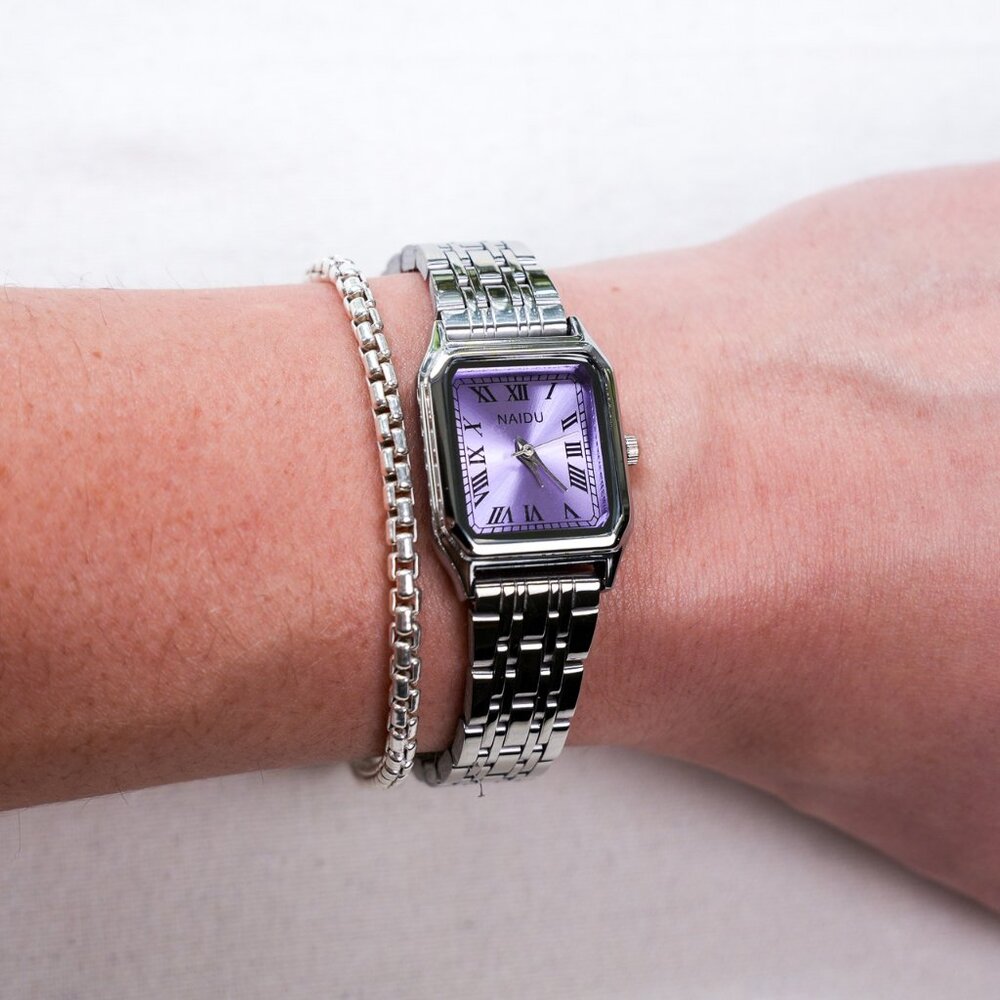 y2k silver stainless steel quartz watch w/ purple square face